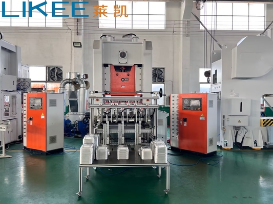 เครื่องทำภาชนะฟอยล์อลูมิเนียมพร้อมเครื่องเรียงซ้อน 3 สาย T63 เครื่องทำภาชนะ 3 ช่อง